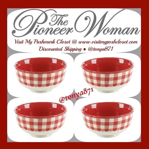 🦋 New Pioneer Woman Red Gingham Cereal Bowl, Qty 4 - Picture 3 of 6